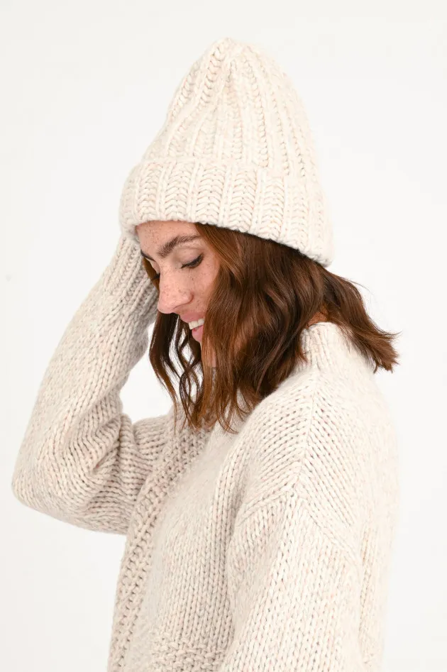 Rippstrickmütze aus Wolle Rosa/Creme